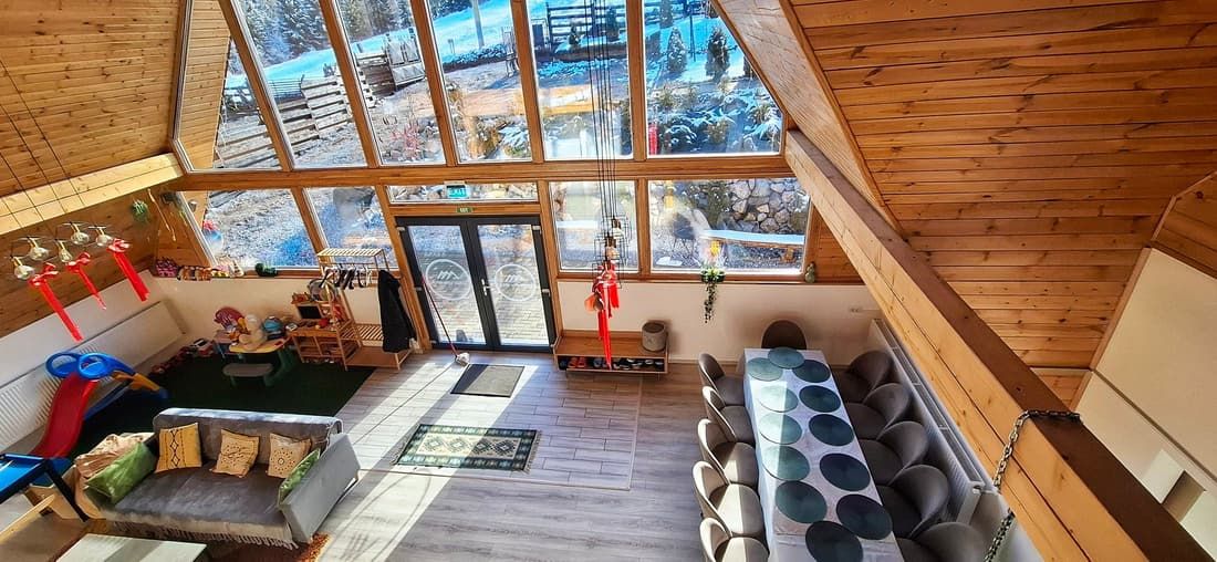 The living room seen from the mezzanine